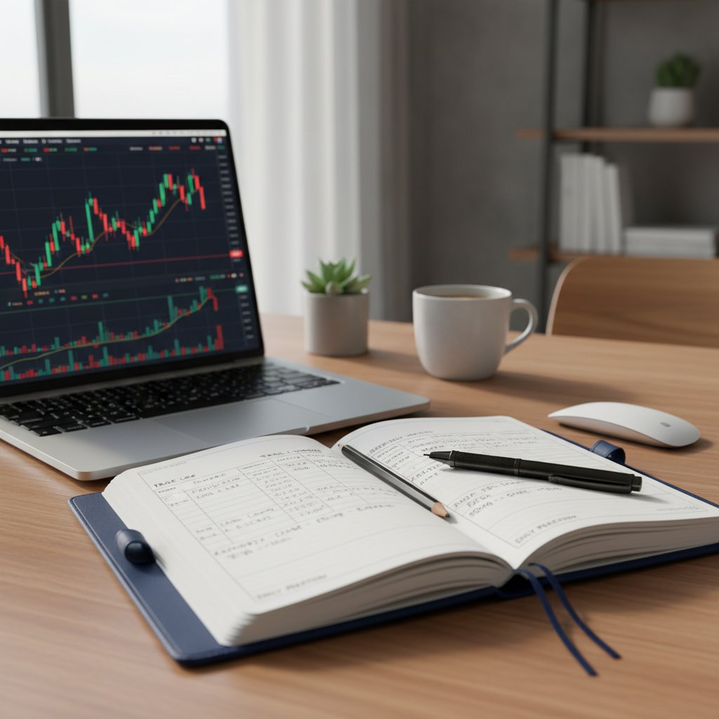 Trading journal and laptop showing backtested strategy results