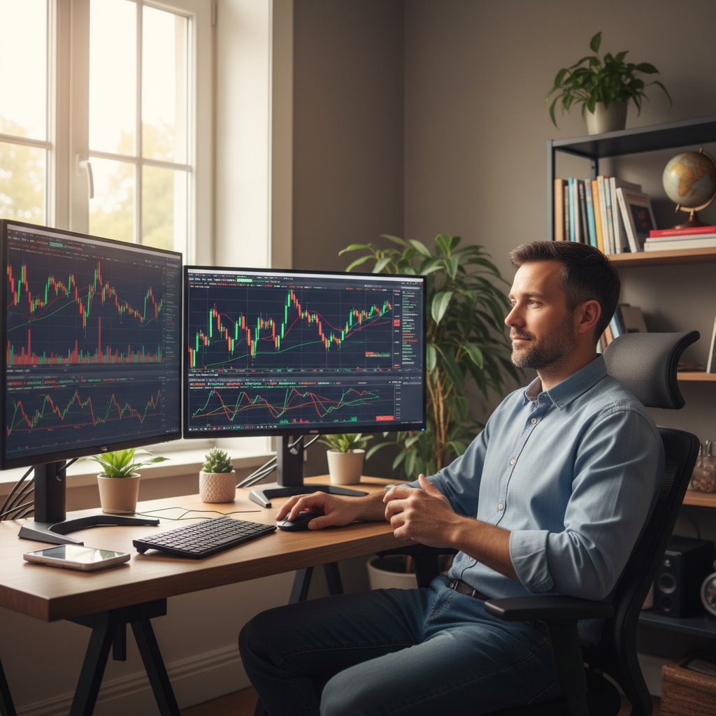 Trader at desk reviewing prop firm challenge rules on dual monitors