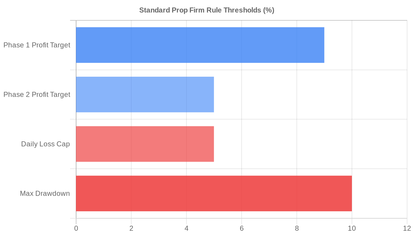 Standard prop firm rule thresholds: profit targets, daily loss cap, and max drawdown