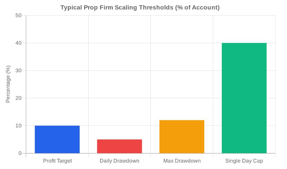Typical prop firm scaling thresholds: profit target, daily drawdown, max drawdown, single-day cap