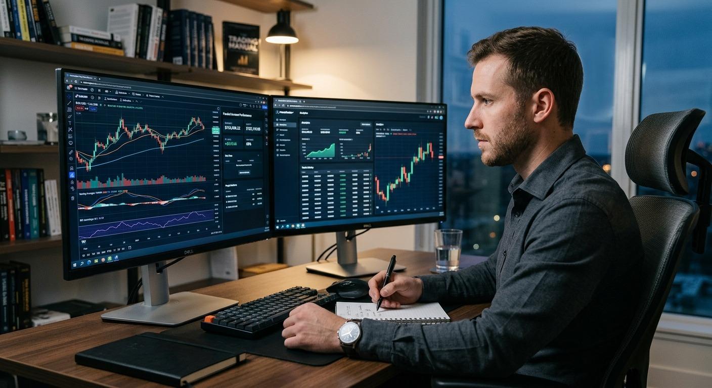 Trader rebuilding position sizing for a larger funded account at a home desk